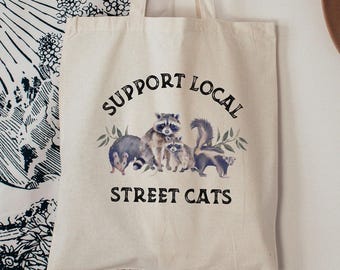 Support Local Street Cats Tote Bag, Funny Animal Lover Gift, Quirky Tote Bag, Floral Opossum Tote, Cool Raccoon Library Bag, Work Tote Bag