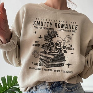 Smutty Romance Sweatshirt, Dark Romance Merch, Smut Reader, Spicy Book Club Sweater, Smutty Distressed Band Tee, Skeleton Book Crewneck