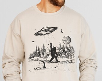 Disc Golf Bigfoot Sweatshirt, Frisbee Golf Folklore Sweater, Mystery Flying Saucer, Loch Ness Monster, Alien UFO Crewneck, Disc Golf Gifts