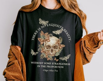 Edgar Allan Poe Literature Shirt, Whimsigoth Shirt, Bookish Dark Academia Poet T Shirt, Moth T Shirt, Skeleton Book TShirt, Gift for Reader