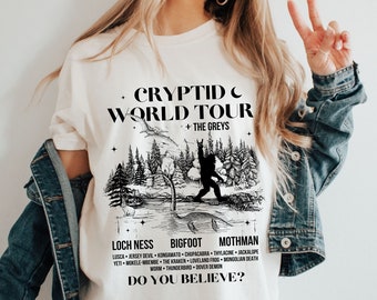 Cryptid World Tour Cryptozoology Shirt, Bigfoot Cryptidcore Tee, I Want to Believe Supernatural Shirt, Folklore Shirt, Jackalope Loch Ness