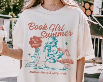 Book Girl Summer Shirt, Bookish Mermaid Shirt for Book Lovers, Funny Reader Preppy Vacation Shirt, Romantasy Ocean Inspired Beachy Shirt