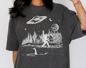 Sasquatch Shirt, Folklore Cryptozoology Shirt, Mystery Flying Saucer T-Shirt, Loch Ness Monster, Alien UFO T Shirt, Camping Hiking TShirt