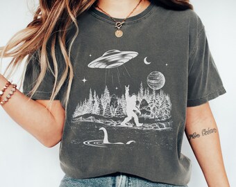 Sasquatch Shirt, Folklore Cryptozoology Shirt, Mystery Flying Saucer T-Shirt, Loch Ness Monster, Alien UFO T Shirt, Camping Hiking TShirt