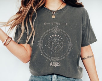 Celestial Aries Zodiac Moon Shirt, Celestial Gift, Astrology Mystical, Moon Phase Astronomy, Comfort Colors®, Vintage Inspired, Fire Sign