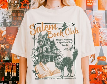 Retro Salem Book Club Shirt, Bookish Halloween Tee, Black Cat Spooky Book Lover Shirt, Salem Witches, Spooky Season Fall Bookish Things