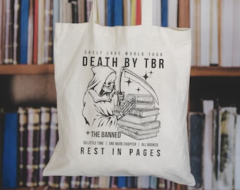 Death by TBR Bookish Tote Bag, Skull Tote Bag, Trendy Canvas Library Tote, Book Lover Reading Gift, Book Tote Bag, Aesthetic Tote Bag