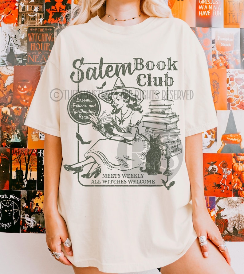 Camiseta retro del club de lectura de Salem, camiseta de Halloween para amantes de los libros, camiseta de gato negro espeluznante para amantes de los libros, brujas de Salem, temporada espeluznante de otoño, cosas de libros Ivory