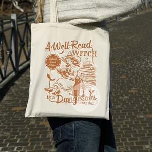 A Well Read Witch Is A Dangerous Creature Halloween Bookish Tote Bag, Retro Salem Book Club, Witchy Tote Bag, Black Cat Fall Bookish Things Orange