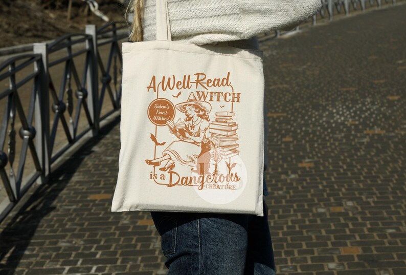 A Well Read Witch Is A Dangerous Creature Halloween Bookish Tote Bag, Retro Salem Book Club, Witchy Tote Bag, Black Cat Fall Bookish Things Orange