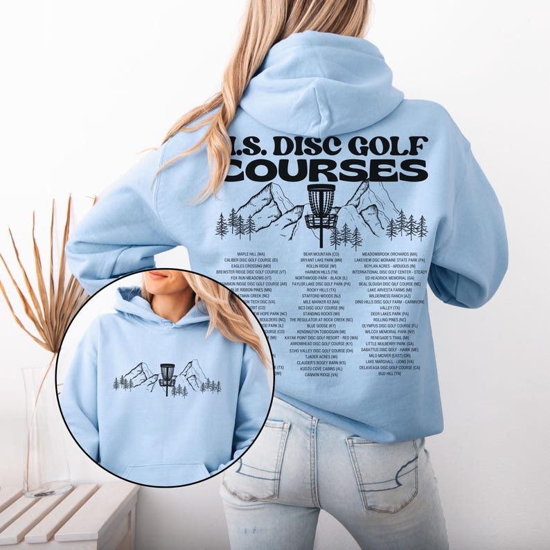 Disc Golf Hoodie, US Courses Hoody, Frisbee golf, Disc golf sweatshirt, Disc golf player, Gift for disc golf, flying discs, Disk Golf Shirt Light Blue