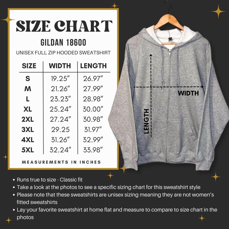 Pu&ograve; includere: Una felpa con cappuccio unisex grigia con zip intera appesa a una gruccia di legno. L'immagine include una tabella delle taglie con misure in pollici per le taglie dalla S alla 5XL. La tabella &egrave; etichettata "GILDAN 18600".