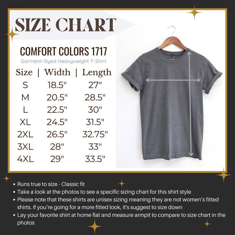 Op de afbeelding: Maattabel voor een garment-gekleurd zwaargewicht T-shirt. De tabel toont de breedte- en lengtemaat in inches voor maten S tot en met 4XL. De tabel bevat ook een foto van een grijs T-shirt.