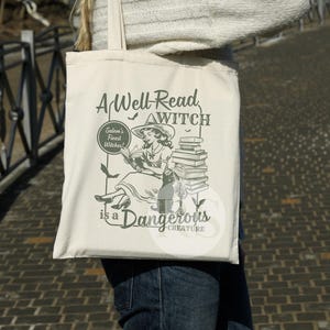 A Well Read Witch Is A Dangerous Creature Halloween Bookish Tote Bag, Retro Salem Book Club, Witchy Tote Bag, Black Cat Fall Bookish Things Green