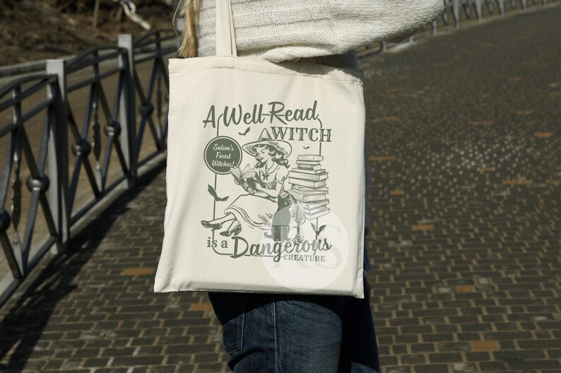 A Well Read Witch Is A Dangerous Creature Halloween Bookish Tote Bag, Retro Salem Book Club, Witchy Tote Bag, Black Cat Fall Bookish Things Green