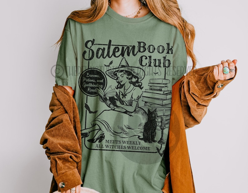 Camiseta retro del club de lectura de Salem, camiseta de Halloween para amantes de los libros, camiseta de gato negro espeluznante para amantes de los libros, brujas de Salem, temporada espeluznante de otoño, cosas de libros Moss