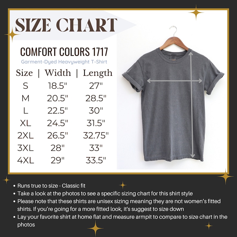May include: Size chart for a garment-dyed heavyweight t-shirt. The chart shows the width and length measurements in inches for sizes S through 4XL. The chart also includes a photo of a grey t-shirt.