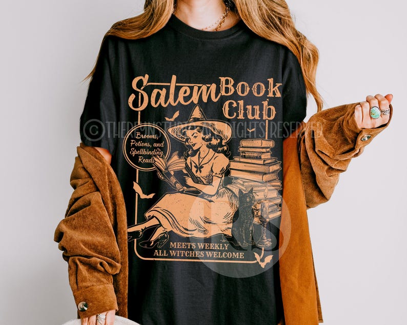 Camiseta retro del club de lectura de Salem, camiseta de Halloween para amantes de los libros, camiseta de gato negro espeluznante para amantes de los libros, brujas de Salem, temporada espeluznante de otoño, cosas de libros Black