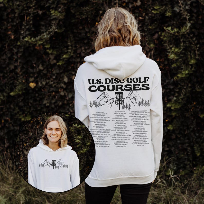 Disc Golf Hoodie, US Courses Hoody, Frisbee golf, Disc golf sweatshirt, Disc golf player, Gift for disc golf, flying discs, Disk Golf Shirt White