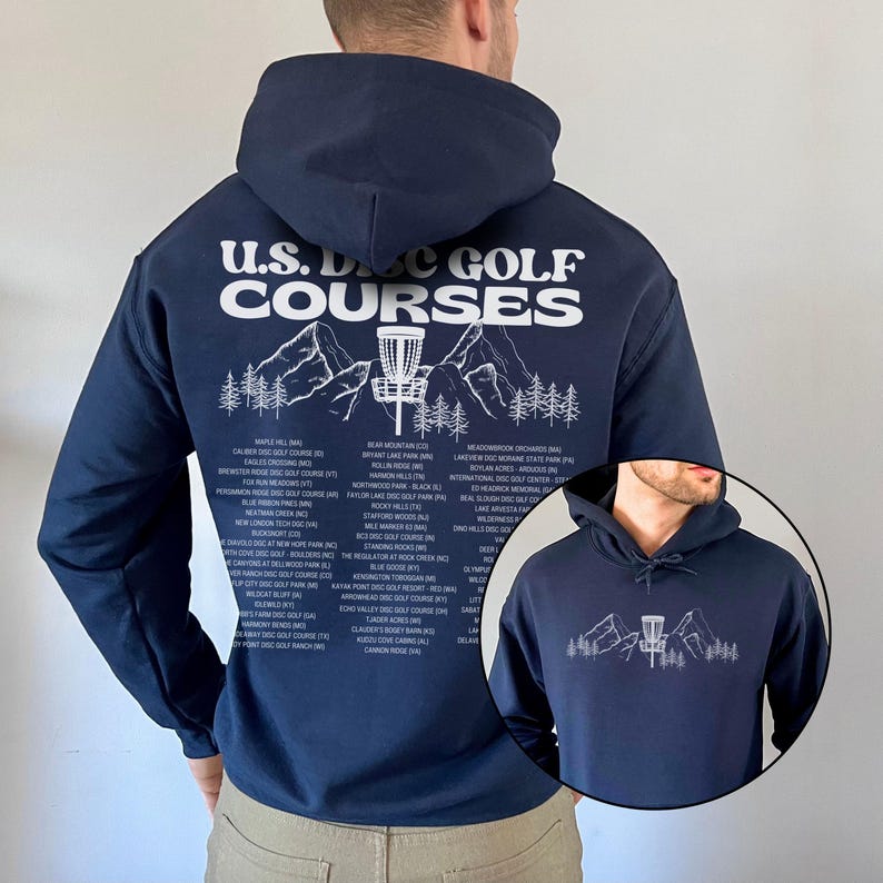 Disc Golf Hoodie, US Courses Hoody, Frisbee golf, Disc golf sweatshirt, Disc golf player, Gift for disc golf, flying discs, Disk Golf Shirt Navy