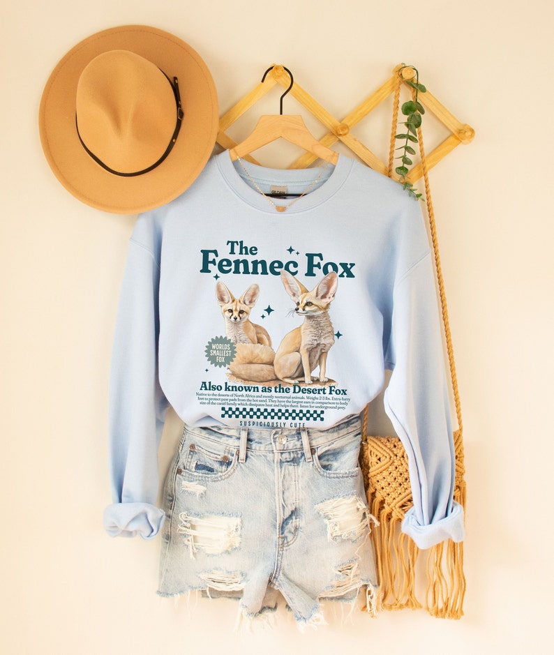 May include: Light blue sweatshirt with a graphic of two fennec foxes. The text "The Fennec Fox" is printed in dark blue above the foxes. The text "World's Smallest Fox" is in a circle below the foxes. The text "Also known as the Desert Fox" is printed below the circle. The text "Suspiciously Cute" is printed below the desert fox text.