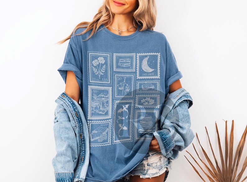 Book Lover Stamp Shirt for Reader, Librariancore Booktrovert Shirt, Romantasy Merch, Book Club Late Night Reader Bookish Gifts,Library Shirt Blue Jean