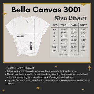 May include: Bella Canvas 3001 size chart for unisex t-shirts. The chart shows measurements in inches for width, length, and sleeve length for sizes XS to 3XL.
