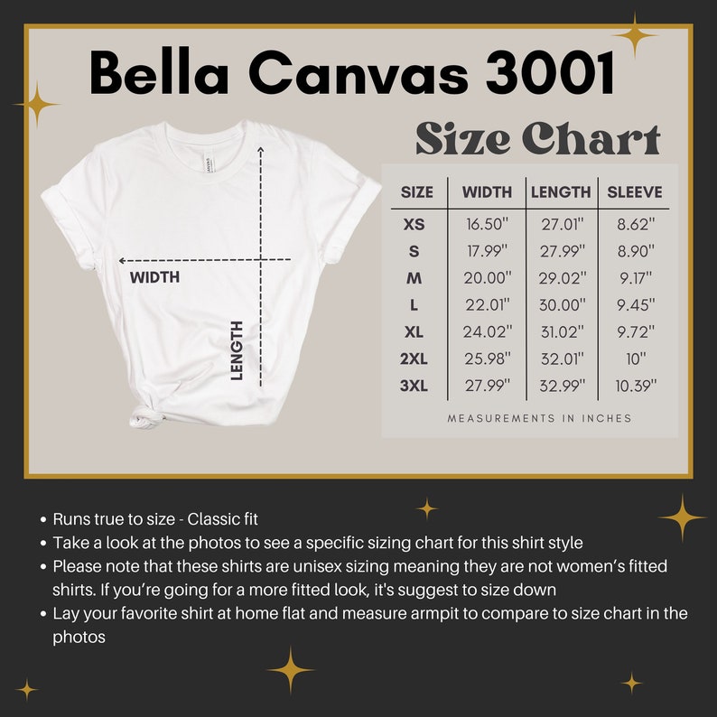 May include: Bella Canvas 3001 size chart for unisex t-shirts. The chart shows measurements in inches for width, length, and sleeve length for sizes XS to 3XL.