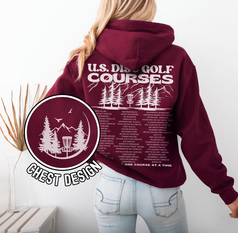 Disc Golf Hoodie, US Frisbee Golf Courses, Disc Golf sweatshirt, Disc Golf Gifts, Flying Discs, Disc Golf Shirt Maroon