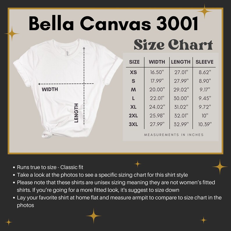 May include: Bella Canvas 3001 size chart for unisex t-shirts. The chart shows measurements in inches for width, length, and sleeve length for sizes XS to 3XL.