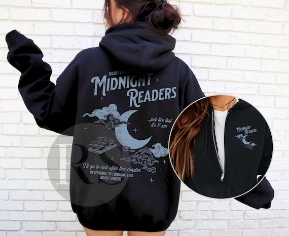 Midnight Readers Society Zip Up Hoodie for Reader, Late Night Reader Book Club,Librariancore Full Zip Hooded Sweatshirt,Id Rather Be Reading