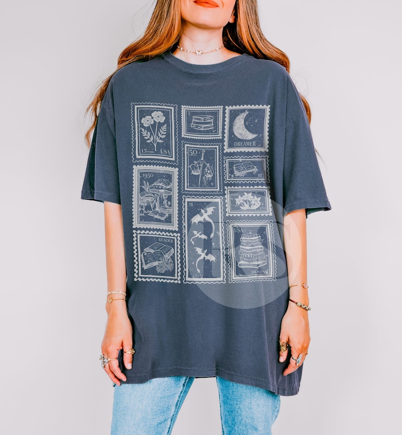 Book Lover Stamp Shirt for Reader, Librariancore Booktrovert Shirt, Romantasy Merch, Book Club Late Night Reader Bookish Gifts,Library Shirt Denim