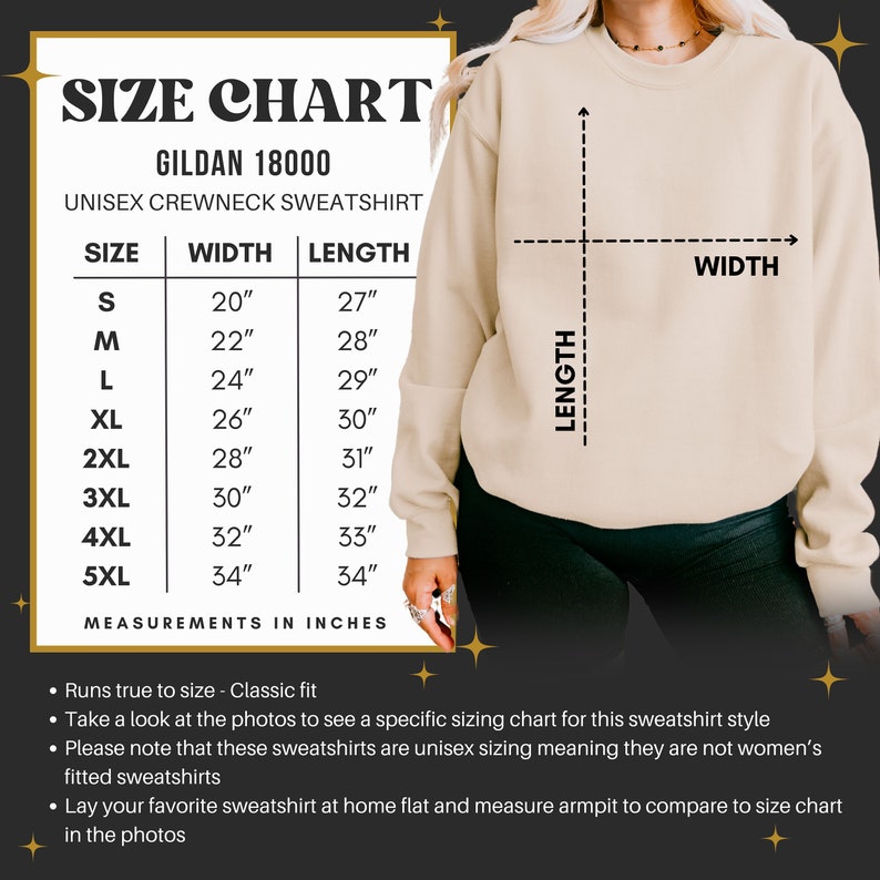 May include: Size chart for a unisex crewneck sweatshirt, showing width and length measurements in inches for sizes S through 5XL. The chart is printed on a beige sweatshirt.