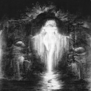Puede incluir: Un dibujo en blanco y negro de una mujer con un vestido fluido de pie en un charco de agua. La mujer está rodeada de un fondo oscuro y sombrío.