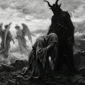 May include: A monochrome painting of a gothic scene. A cloaked figure kneels before a tall, horned silhouette. In the background, angelic figures with outstretched wings are visible against a cloudy sky. The artwork evokes a sense of mystery and the supernatural.