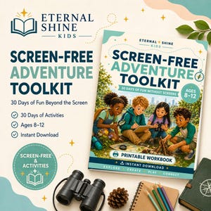 May include: A Screen-Free Adventure Toolkit workbook for ages 8-12, featuring a cover illustration of four children outdoors. The set includes black binoculars, a pinecone, a spiral-bound notebook, coloured pencils, and a dark green journal.