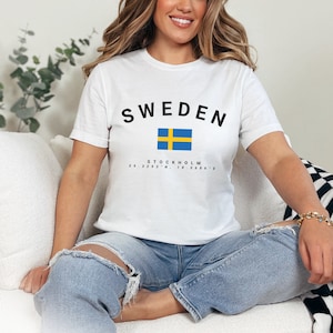 Camisa Suecia, camisa Suecia Heja Sverige, camisa Escandinavia, camisa Sverige, estilo escandinavo, ciudad de Estocolmo, camisa Suecia