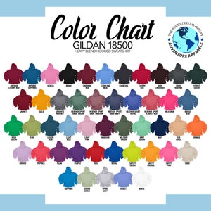 May include: Color chart for Gildan 18500 heavy blend hooded sweatshirts. The chart shows 42 different color options for the sweatshirts, including antique cherry red, antique sapphire, azalea, black, cardinal red, carolina blue, charcoal, cherry red, dark chocolate, dark heather, forest green, garnet, gold, graphite heather, heather sport dark green, heather sport dark maroon, heather sport dark navy, heather sport royal, heather sport scarlet red, heliconia, indigo blue, kiwi, legion blue, light blue, light pink, maroon, military green, mint green, navy, old gold, orange, orchid, paprika, plum, purple, red, royal, safety green, safety orange, safety pink, sand, sapphire, serene green, sport grey, violet, and white.