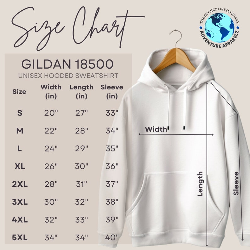 May include: Size chart for a Gildan 18500 unisex hooded sweatshirt. The chart shows the width, length, and sleeve length in inches for sizes S through 5XL.