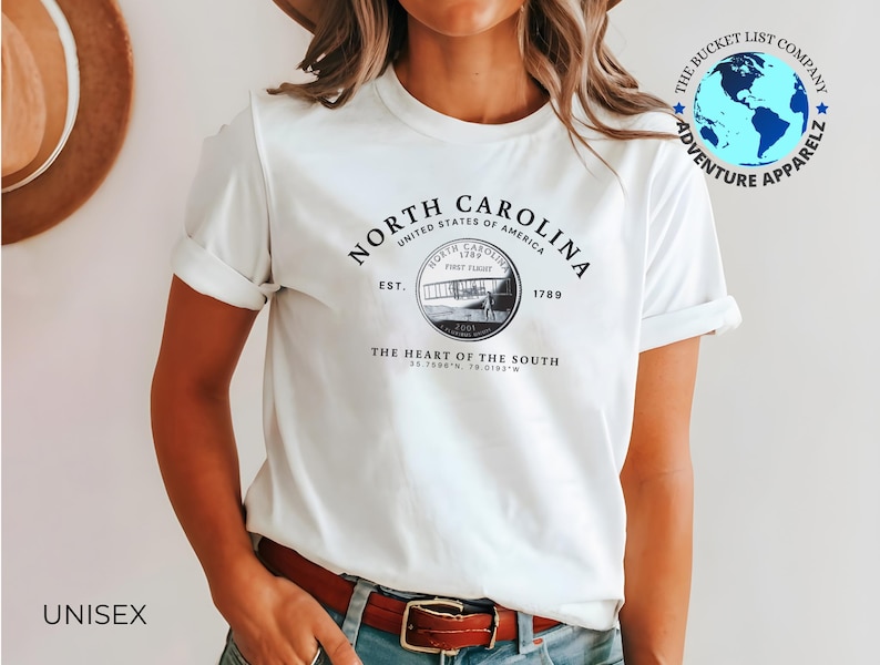 Camiseta de Carolina del Norte, souvenir de Carolina del Norte, camiseta de Carolina del Norte, camiseta unisex, regalo de Carolina del Norte, camiseta con el cuarto de Carolina del Norte, camiseta del estado imagen 1