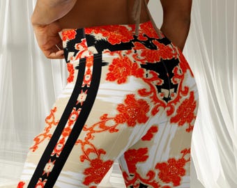 Oriental Baroque Floral Yoga Leggings: Red Flower Designer Pants