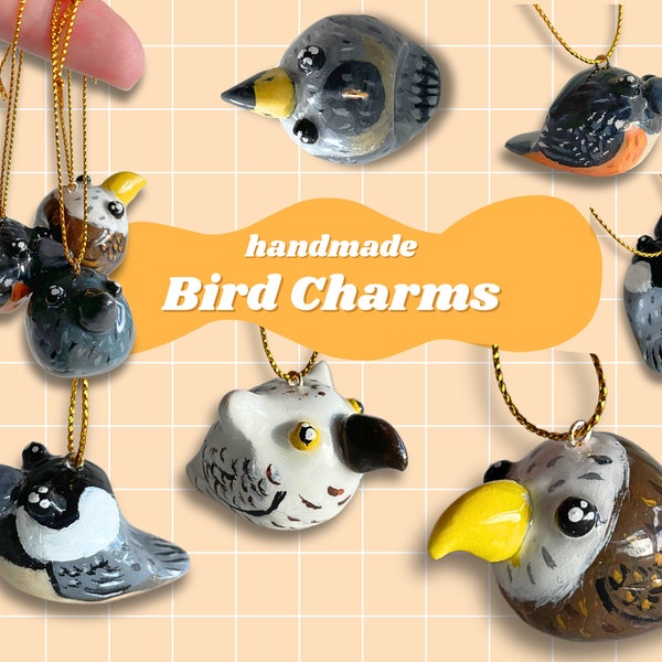 Bird Charms | handmade bird orb borb cute charms necklace one of a kind clay fidget worry stone kawaii owl cooper hawk chickadee crow eagle