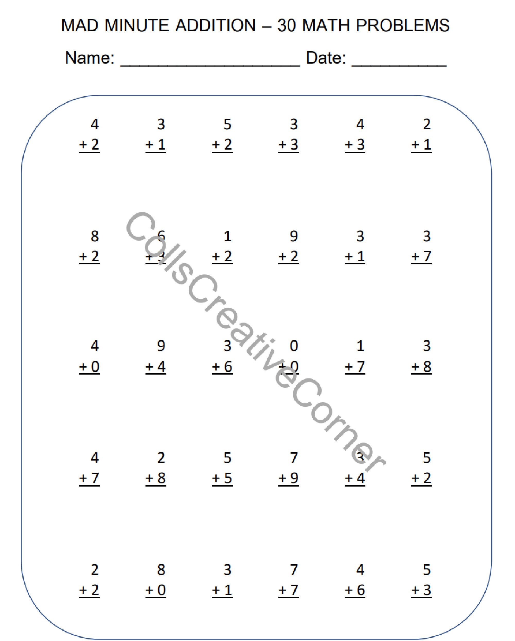 Mad minute addition and subtraction speed math tests elementary