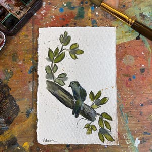 Originele aquarel vogelschilderij, natuurkunst, papier deckle-rand (4 x 6")