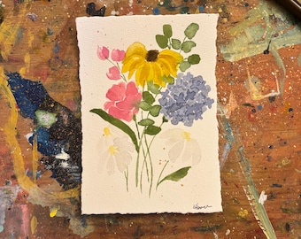 Acuarela 100% original de 5x7 pulgadas, arte floral, rosa, azul y amarillo, arte primaveral.