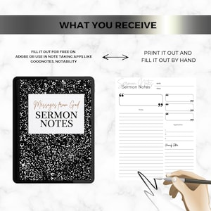 Può includere: Un pianificatore digitale per appunti di sermoni con una copertina maculata bianca e nera con il testo Messages from God SERMON NOTES. Accanto, un layout di pagina stampabile include sezioni per data, titolo, note e citazioni.