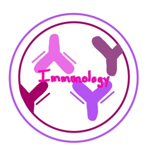 May include: A circular graphic with a white background features a purple and magenta outline. Inside, four stylized Y-shaped figures in shades of purple and magenta surround the word "Immunology" in pink.