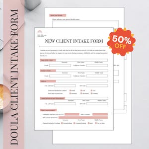 Plain Doula Client Intake Form, Peach New Client Form, Clean looking Doula Handout, New Client Files, Doula Form, Doula Intake Questionnaire