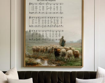 The Lord's My Shepherd Hymn Print | Psalm 23 Vintage Sheep Landscape Christian Wall Art, Pastoral Antique Painting