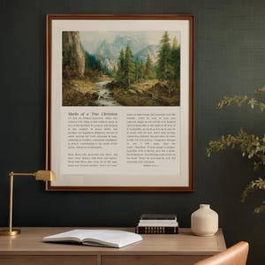 Kenmerken van een ware christen | Vintage christelijke muurdecoratie, Romeinen 12:9-21 landschapsprint, vintage berg- en rivierlandschap, Bijbelpassageprint